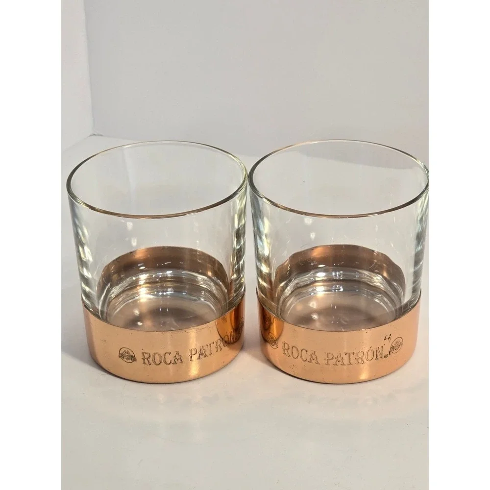 Roca Patron Whiskey Cocktail Glass Set of 2 Copper Bottom Heavy Quality NEW‎